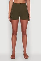 Womens Trendy Crepe Knit High Waisted Cargo Shorts, Green, Size L