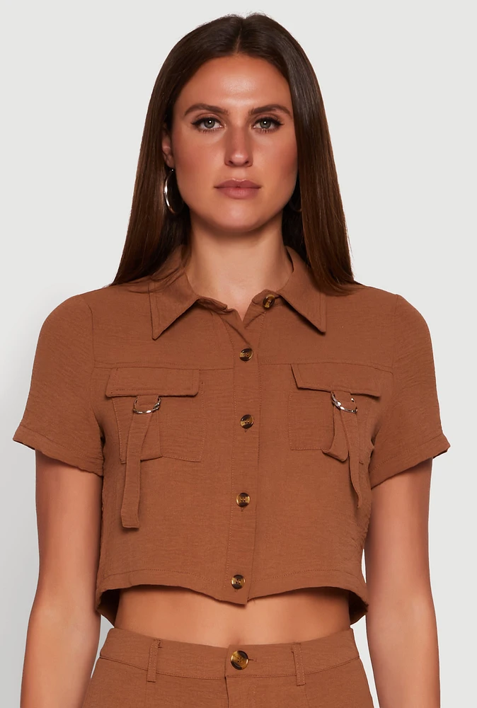Womens Crepe Knit Metallic D Ring Button Front Cropped Shirt, Brown, Size S