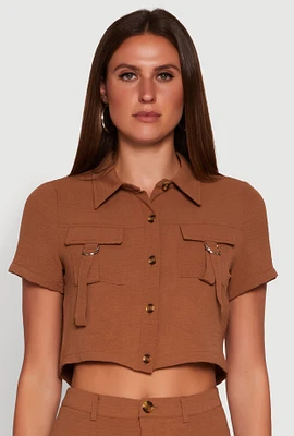 Womens Crepe Knit Metallic D Ring Button Front Cropped Shirt, Brown, Size S