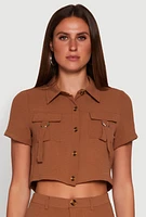 Womens Crepe Knit Metallic D Ring Button Front Cropped Shirt, Brown, Size S