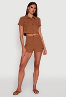 Womens Crepe Knit Metallic D Ring Button Front Cropped Shirt, Brown, Size S