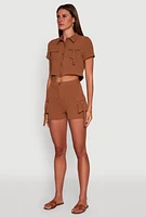 Womens Crepe Knit Metallic D Ring Button Front Cropped Shirt, Brown, Size S