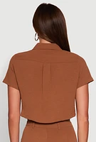 Womens Crepe Knit Metallic D Ring Button Front Cropped Shirt, Brown, Size S