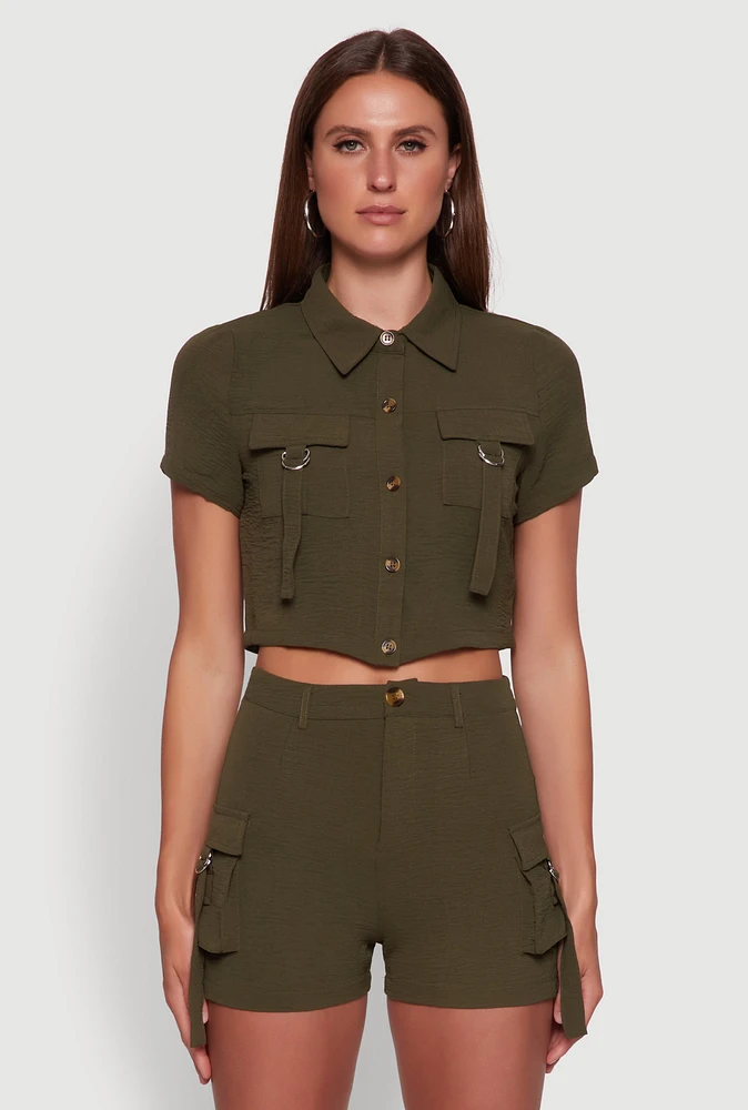 Womens Crepe Knit Metallic D Ring Button Front Cropped Shirt, Green, Size M