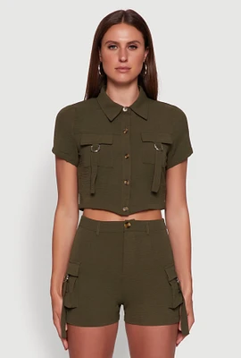 Womens Crepe Knit Metallic D Ring Button Front Cropped Shirt, Green, Size M