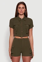 Womens Crepe Knit Metallic D Ring Button Front Cropped Shirt, Green, Size M