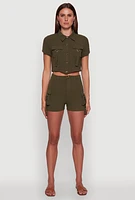 Womens Crepe Knit Metallic D Ring Button Front Cropped Shirt, Green, Size M