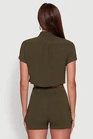 Womens Crepe Knit Metallic D Ring Button Front Cropped Shirt, Green, Size M