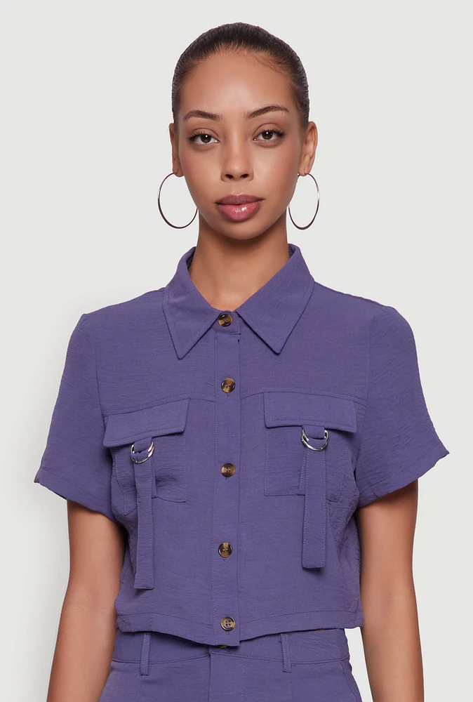 Womens Crepe Knit Metallic D Ring Button Front Cropped Shirt, Purple, Size L