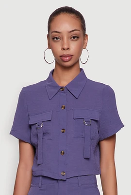 Womens Crepe Knit Metallic D Ring Button Front Cropped Shirt, Purple, Size L