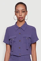 Womens Crepe Knit Metallic D Ring Button Front Cropped Shirt, Purple, Size L