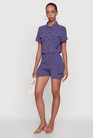 Womens Crepe Knit Metallic D Ring Button Front Cropped Shirt, Purple, Size L