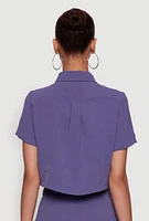 Womens Crepe Knit Metallic D Ring Button Front Cropped Shirt, Purple, Size L