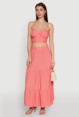 Womens Chic High Waisted Tiered Maxi Skirt, Pink, Size L