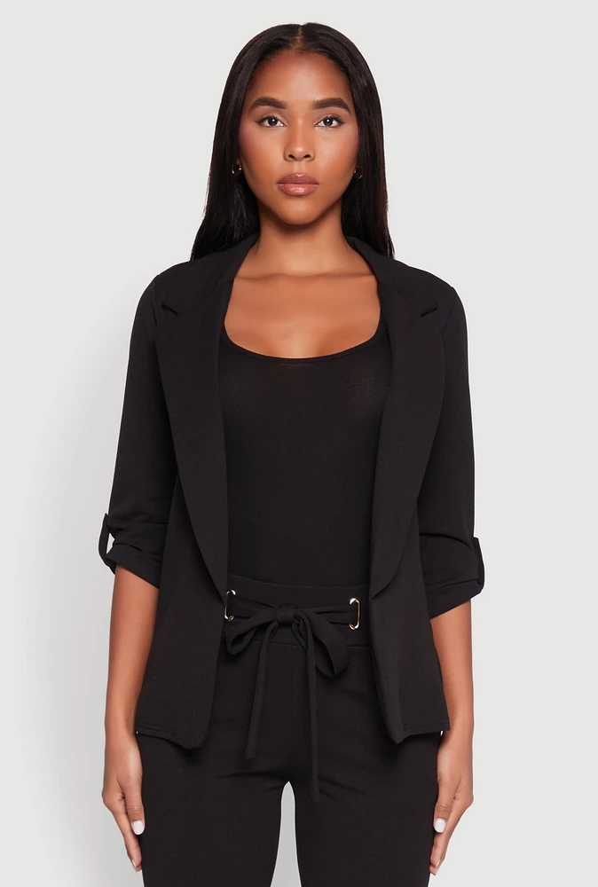 Womens Tabbed Roll Sleeve Lapel Collar Blazer,