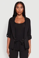 Womens Tabbed Roll Sleeve Lapel Collar Blazer,