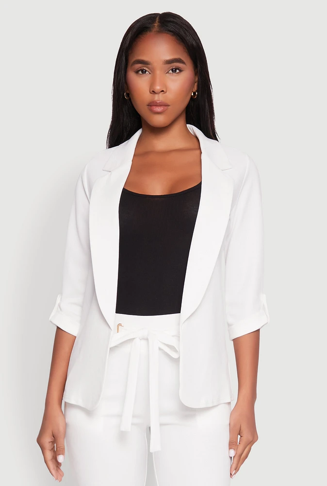 Womens Tabbed Roll Sleeve Lapel Collar Blazer, White, Size M