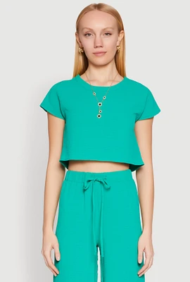 Womens Crepe Knit Short Sleeve Crop Top,
