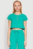 Womens Crepe Knit Short Sleeve Crop Top,