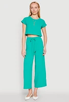 Womens Crepe Knit Short Sleeve Crop Top,