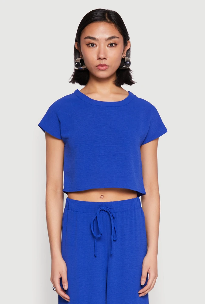 Womens Crepe Knit Short Sleeve Crop Top, Blue, Size XL