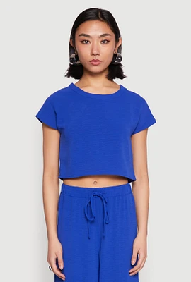 Womens Crepe Knit Short Sleeve Crop Top, Blue, Size XL