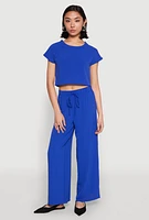 Womens Crepe Knit Short Sleeve Crop Top, Blue, Size XL