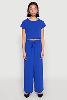 Womens Crepe Knit Short Sleeve Crop Top, Blue, Size XL