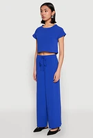 Womens Crepe Knit Short Sleeve Crop Top, Blue, Size XL