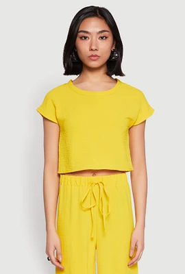 Womens Crepe Knit Short Sleeve Crop Top, Yellow, Size XL