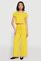 Womens Crepe Knit Short Sleeve Crop Top, Yellow, Size XL