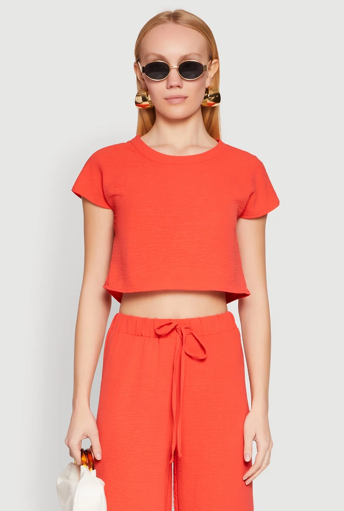 Womens Crepe Knit Short Sleeve Crop Top, Orange, Size S