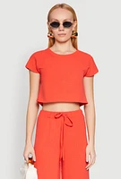 Womens Crepe Knit Short Sleeve Crop Top, Orange, Size S