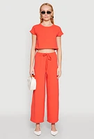 Womens Crepe Knit Short Sleeve Crop Top, Orange, Size S