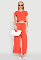 Womens Crepe Knit Short Sleeve Crop Top, Orange, Size S