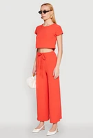 Womens Crepe Knit Short Sleeve Crop Top, Orange, Size S
