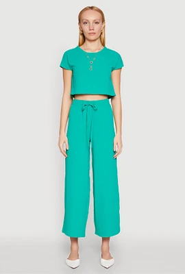 Womens Crepe Knit Drawstring Wide Leg Pants,