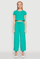 Womens Crepe Knit Drawstring Wide Leg Pants,