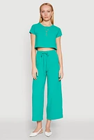 Womens Crepe Knit Drawstring Wide Leg Pants,
