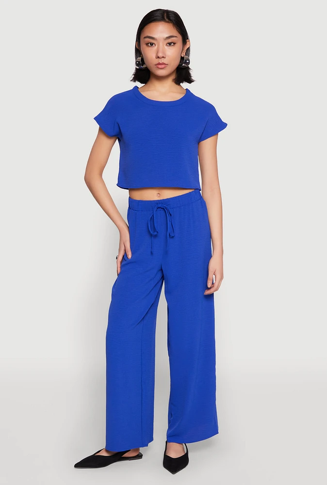 Womens Crepe Knit Drawstring Wide Leg Pants, Blue, Size L