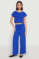 Womens Crepe Knit Drawstring Wide Leg Pants, Blue, Size L