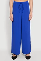 Womens Crepe Knit Drawstring Wide Leg Pants, Blue, Size L