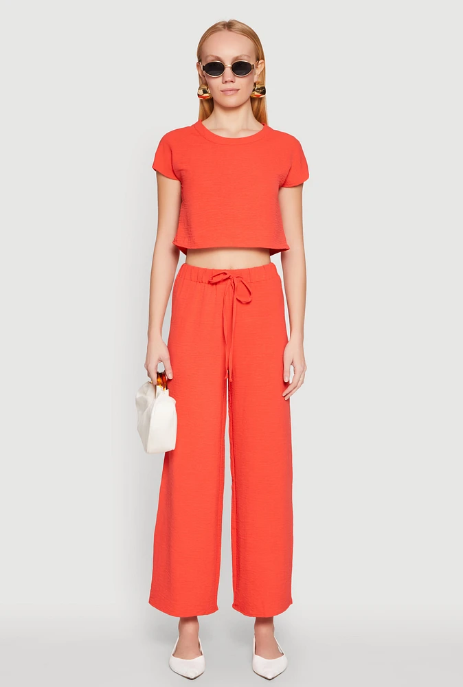 Womens Crepe Knit Drawstring Wide Leg Pants, Orange, Size S