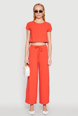 Womens Crepe Knit Drawstring Wide Leg Pants, Orange, Size S