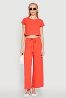 Womens Crepe Knit Drawstring Wide Leg Pants, Orange, Size S