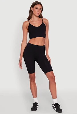 Womens Seamless High Waisted Ribbed Knit Bike Shorts,
