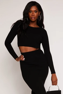 Womens Rib Knit Cropped Crew Neck Sweater,