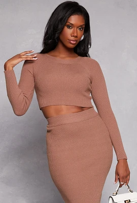 Womens Rib Knit Cropped Crew Neck Sweater, S