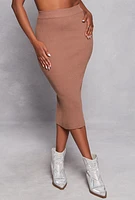 Womens Ribbed Knit Slit Back Pencil Skirt, Brown, Size M