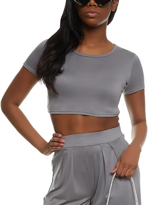 Womens Soft Knit Crop Top, Grey, Size L